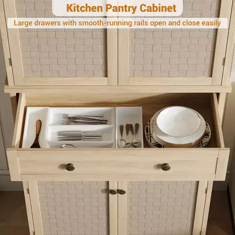 Meuble de Garde-Manger, Armoires de Cuisine avec Portes et Étagères, Garde-Manger Haut de 183 cm en Rotin Style Ferme avec Tiroirs pour Salle à Manger, Salon