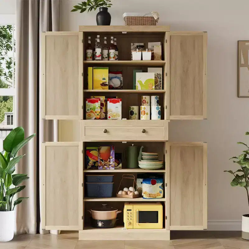 Meuble de Garde-Manger, Armoires de Cuisine avec Portes et Étagères, Garde-Manger Haut de 183 cm en Rotin Style Ferme avec Tiroirs pour Salle à Manger, Salon