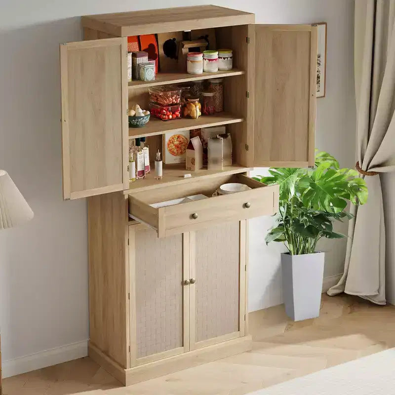 Meuble de Garde-Manger, Armoires de Cuisine avec Portes et Étagères, Garde-Manger Haut de 183 cm en Rotin Style Ferme avec Tiroirs pour Salle à Manger, Salon