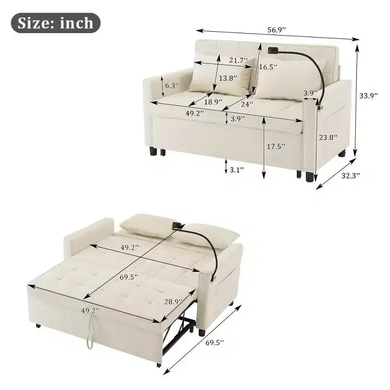 Canapé 2 places convertible Whisen 56, avec coussins de dossier réversibles, poches latérales, ports USB et support de téléphone.