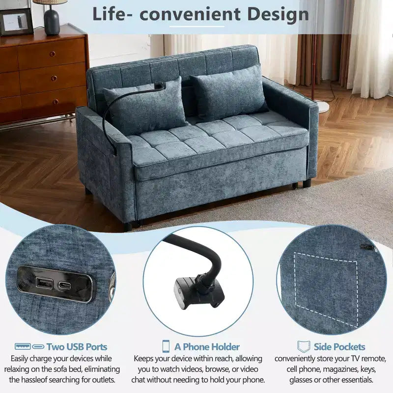 Canapé 2 places convertible Whisen 56, avec coussins de dossier réversibles, poches latérales, ports USB et support de téléphone.