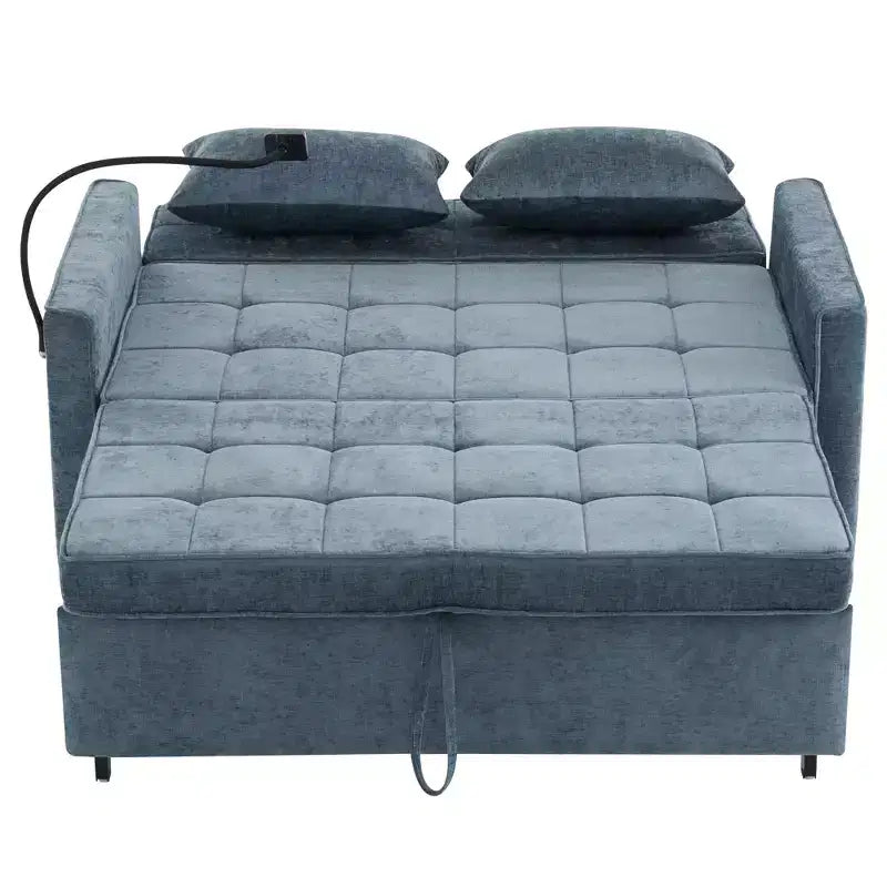 Canapé 2 places convertible Whisen 56, avec coussins de dossier réversibles, poches latérales, ports USB et support de téléphone.