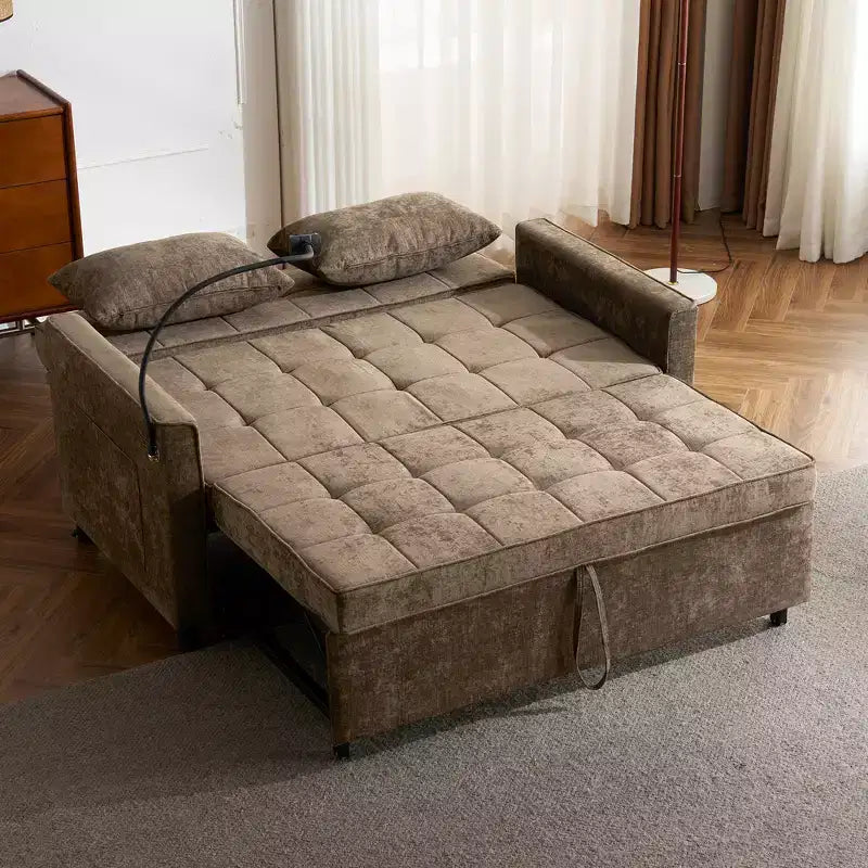 Canapé 2 places convertible Whisen 56, avec coussins de dossier réversibles, poches latérales, ports USB et support de téléphone.