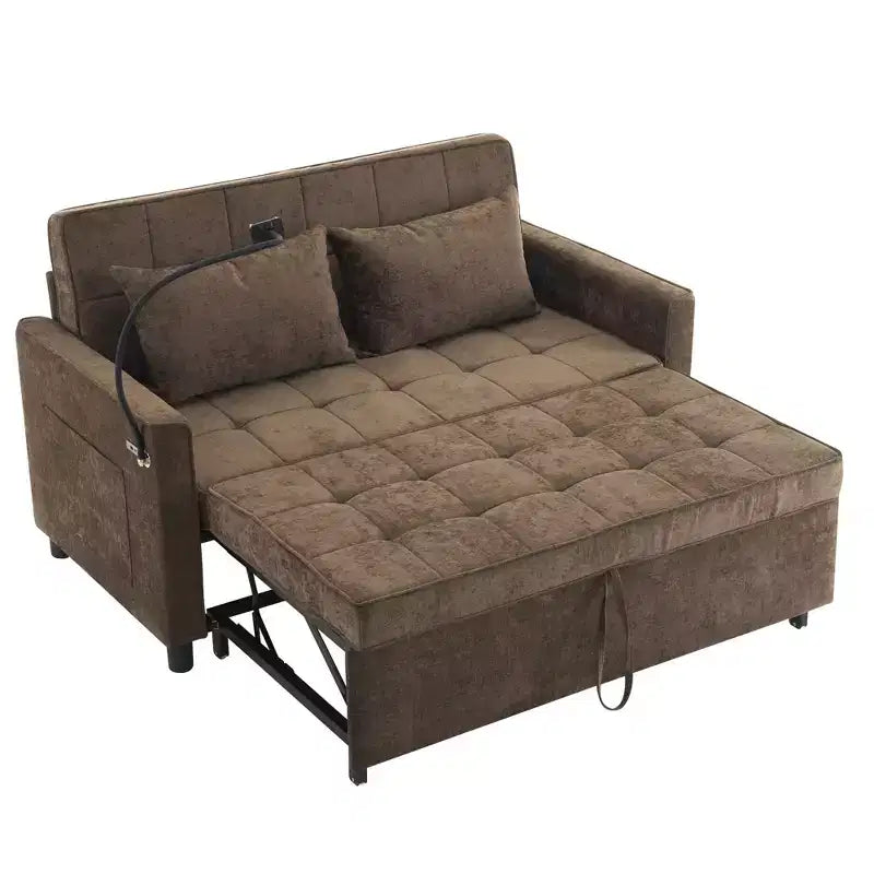 Canapé 2 places convertible Whisen 56, avec coussins de dossier réversibles, poches latérales, ports USB et support de téléphone.
