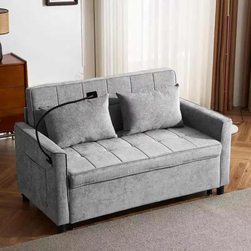 Canapé 2 places convertible Whisen 56, avec coussins de dossier réversibles, poches latérales, ports USB et support de téléphone.