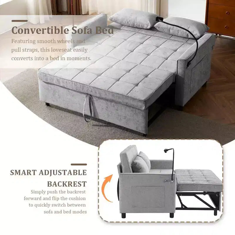 Canapé 2 places convertible Whisen 56, avec coussins de dossier réversibles, poches latérales, ports USB et support de téléphone.