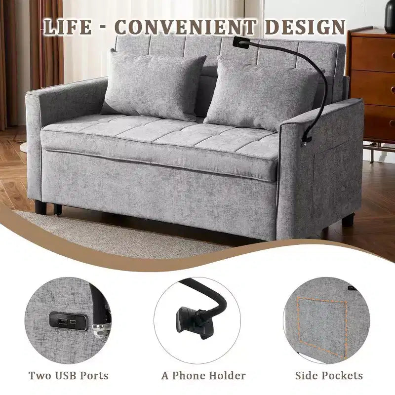 Canapé 2 places convertible Whisen 56, avec coussins de dossier réversibles, poches latérales, ports USB et support de téléphone.