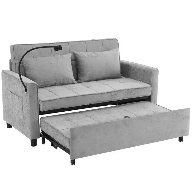 Canapé 2 places convertible Whisen 56, avec coussins de dossier réversibles, poches latérales, ports USB et support de téléphone.