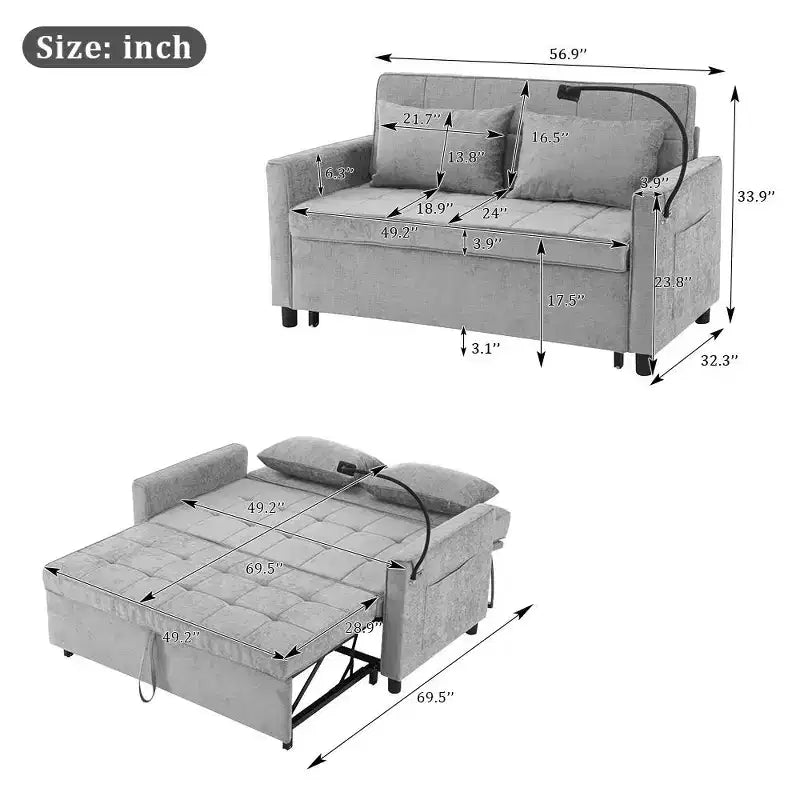 Canapé 2 places convertible Whisen 56, avec coussins de dossier réversibles, poches latérales, ports USB et support de téléphone.