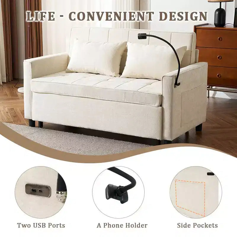 Canapé 2 places convertible Whisen 56, avec coussins de dossier réversibles, poches latérales, ports USB et support de téléphone.