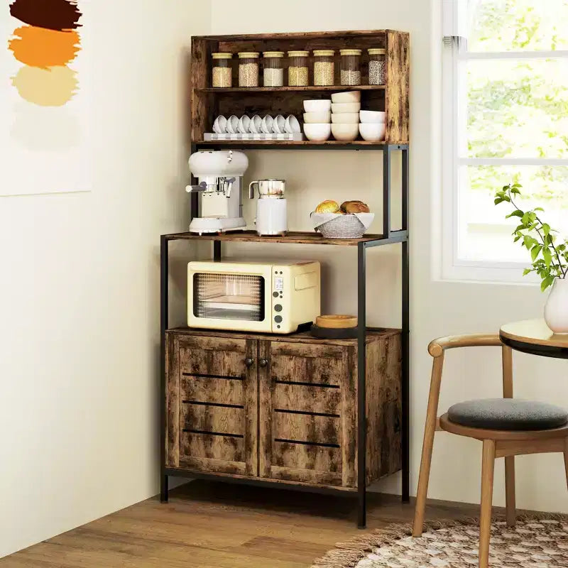 HOMCOM Étagère de boulanger avec prise électrique, armoire de bar à café avec étagères de rangement, support de micro-ondes avec armoires à portes persiennes, marron rustique