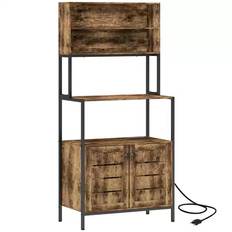 HOMCOM Étagère de boulanger avec prise électrique, armoire de bar à café avec étagères de rangement, support de micro-ondes avec armoires à portes persiennes, marron rustique
