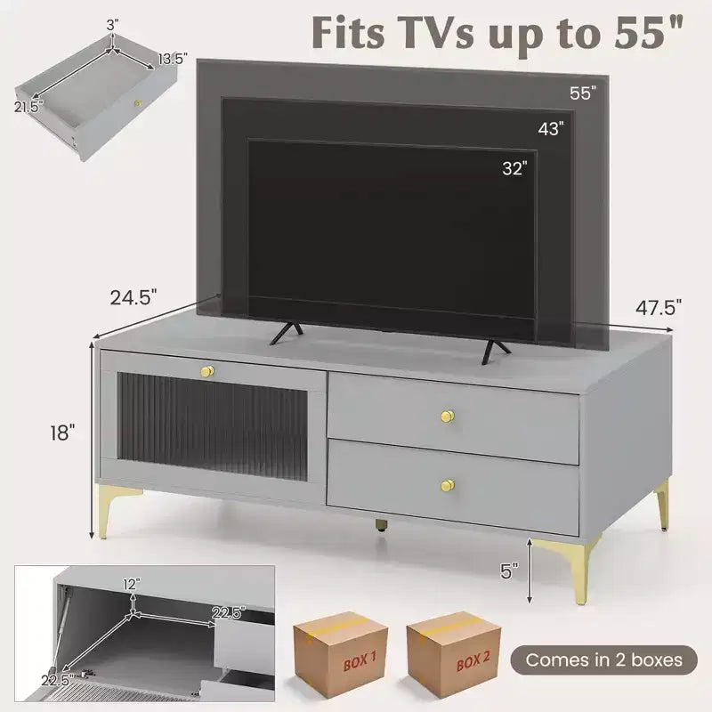 Meuble TV moderne Costway pour téléviseurs 55 pouces avec abattant et 2 tiroirs de rangement gris