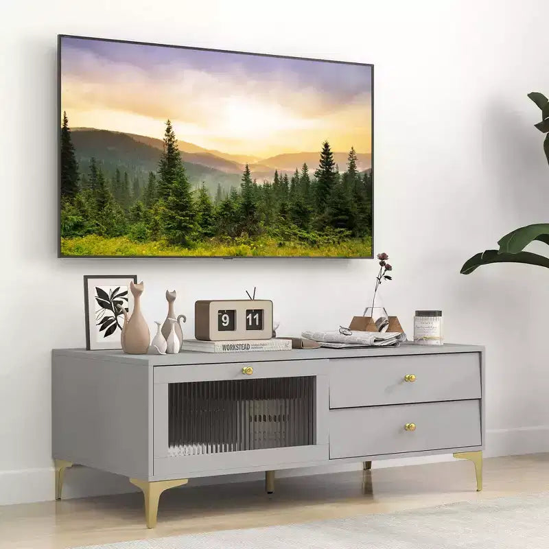 Meuble TV moderne Costway pour téléviseurs 55 pouces avec abattant et 2 tiroirs de rangement gris