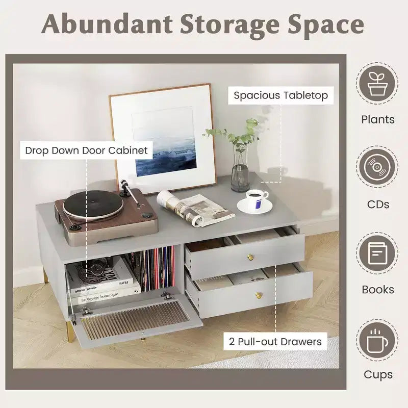Meuble TV moderne Costway pour téléviseurs 55 pouces avec abattant et 2 tiroirs de rangement gris