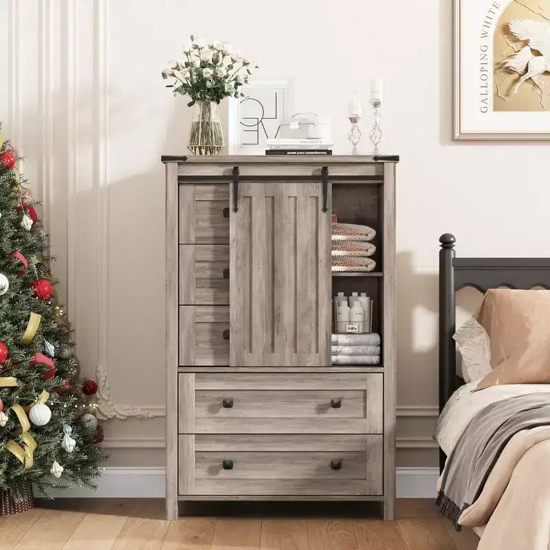Commode WhizMax pour chambre à coucher avec 5 tiroirs, commode haute blanche de 122 cm, commode de rangement en bois pour salon, couloir, entrée
