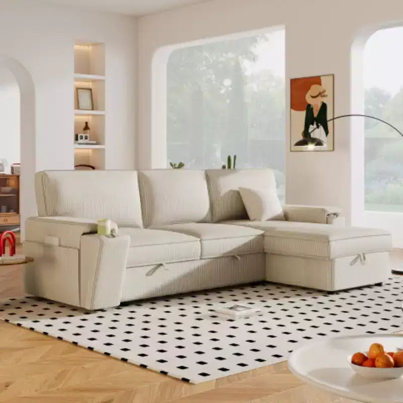 Canapé d'angle convertible en tissu avec poches de rangement et deux porte-gobelets sur les accoudoirs