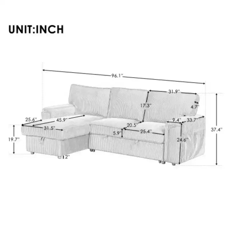 Canapé d'angle convertible en tissu avec poches de rangement et deux porte-gobelets sur les accoudoirs
