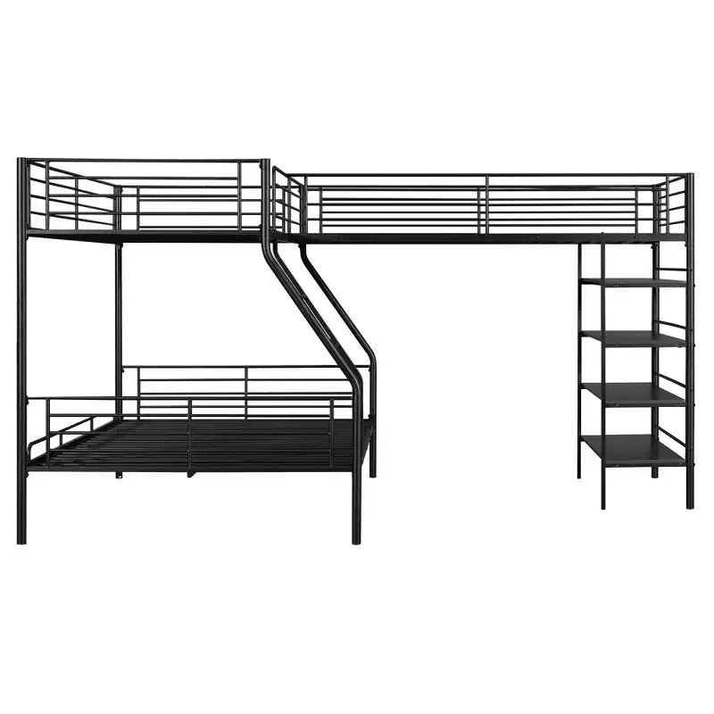 Lit superposé en métal en L Whisen de 117,2 po (L) x 77,5 po (l), avec lit double et lit mezzanine simple et quatre étagères intégrées - Noir