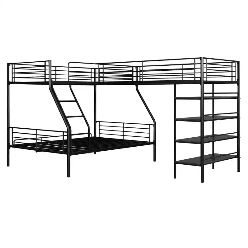 Lit superposé en métal en L Whisen de 117,2 po (L) x 77,5 po (l), avec lit double et lit mezzanine simple et quatre étagères intégrées - Noir
