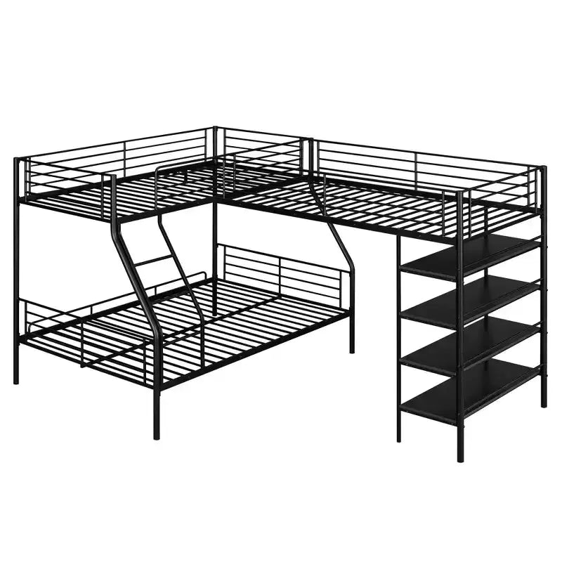 Lit superposé en métal en L Whisen de 117,2 po (L) x 77,5 po (l), avec lit double et lit mezzanine simple et quatre étagères intégrées - Noir
