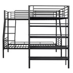 Lit superposé en métal en L Whisen de 117,2 po (L) x 77,5 po (l), avec lit double et lit mezzanine simple et quatre étagères intégrées - Noir