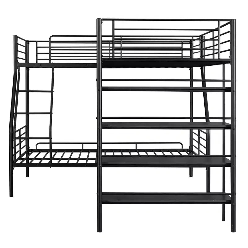 Lit superposé en métal en L Whisen de 117,2 po (L) x 77,5 po (l), avec lit double et lit mezzanine simple et quatre étagères intégrées - Noir
