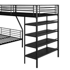 Lit superposé en métal en L Whisen de 117,2 po (L) x 77,5 po (l), avec lit double et lit mezzanine simple et quatre étagères intégrées - Noir