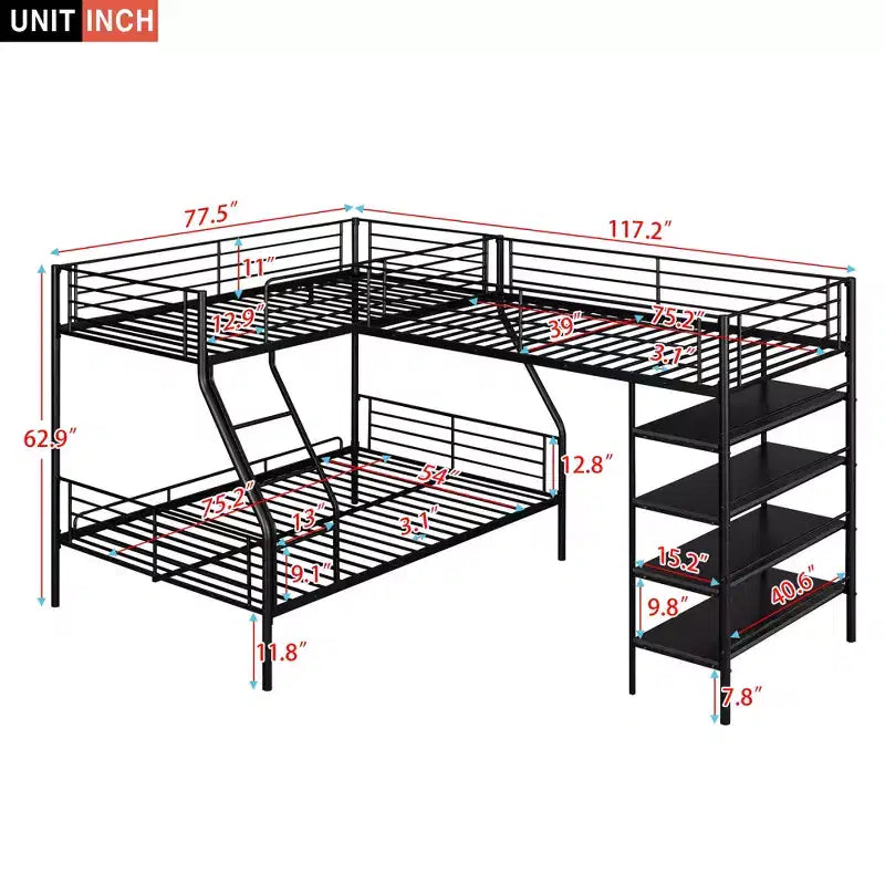 Lit superposé en métal en L Whisen de 117,2 po (L) x 77,5 po (l), avec lit double et lit mezzanine simple et quatre étagères intégrées - Noir