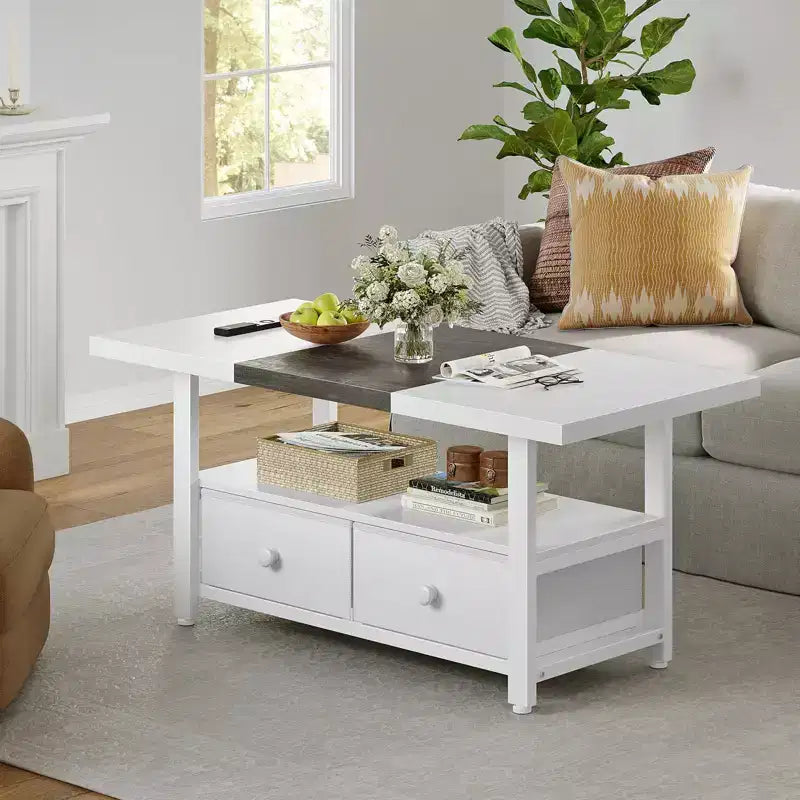 Table basse à 2 niveaux Hausource avec étagère de rangement et 2 tiroirs pour le salon