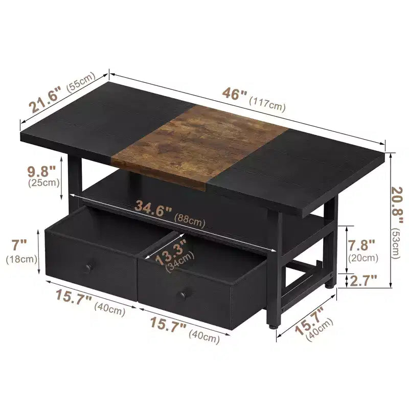 Table basse à 2 niveaux Hausource avec étagère de rangement et 2 tiroirs pour le salon