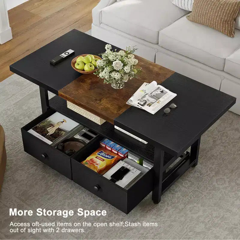 Table basse à 2 niveaux Hausource avec étagère de rangement et 2 tiroirs pour le salon
