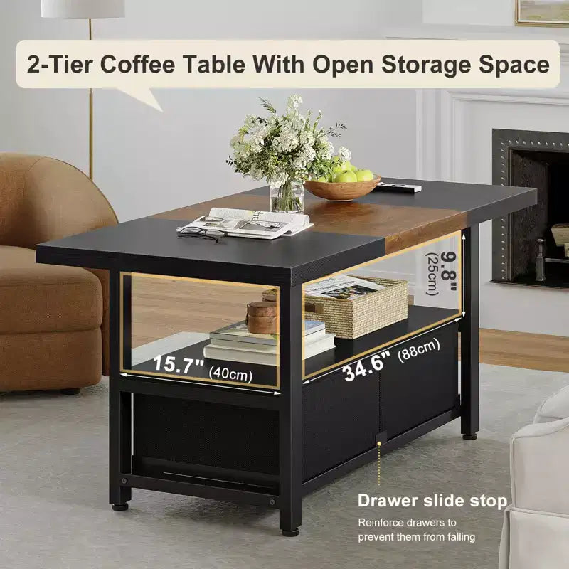 Table basse à 2 niveaux Hausource avec étagère de rangement et 2 tiroirs pour le salon