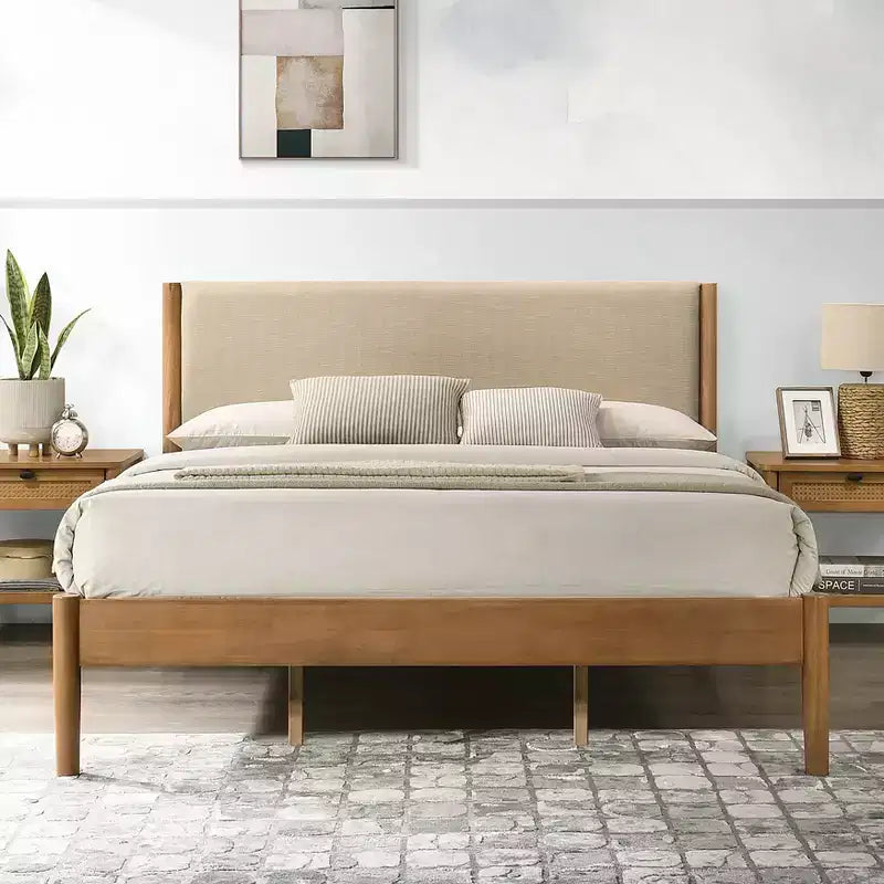 Lit plateforme Roundhill Furniture Vichy en bois d'hévéa couleur noyer clair