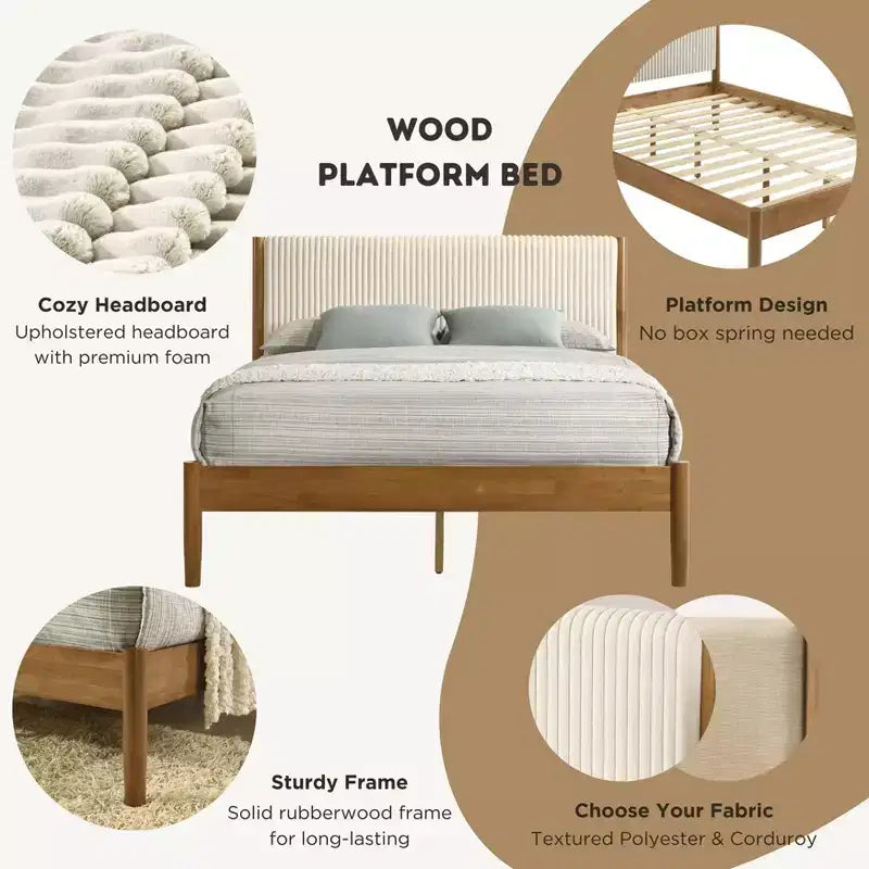 Lit plateforme Roundhill Furniture Vichy en bois d'hévéa couleur noyer clair