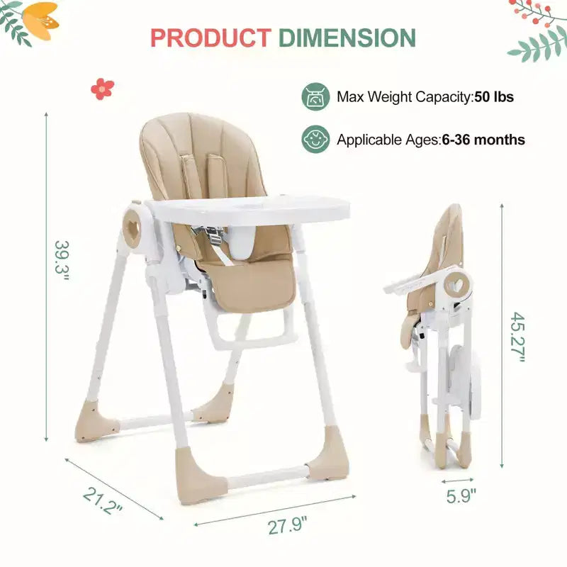 Chaise Haute Bébé et Tout-Petit avec Hauteurs et Repose-Pieds Réglables, Chaise Haute Pliable avec Dossier Inclinable sur 5 Positions