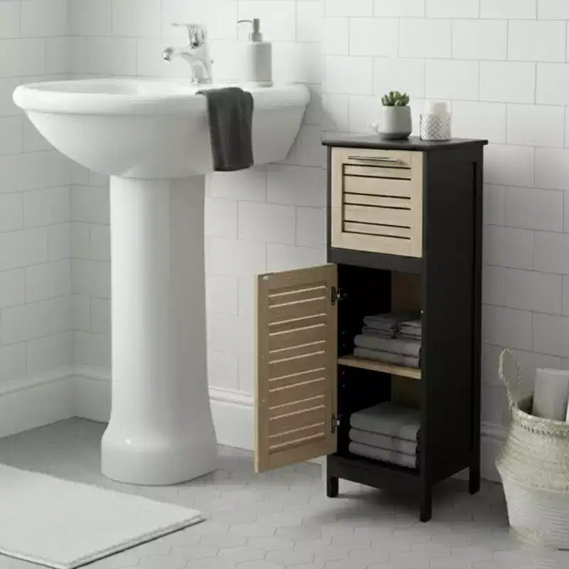 Evideco French Home Goods Compact Bathroom Storage Cabinet with Drawer and Vented Door, Black and Brown - Bergen Collection