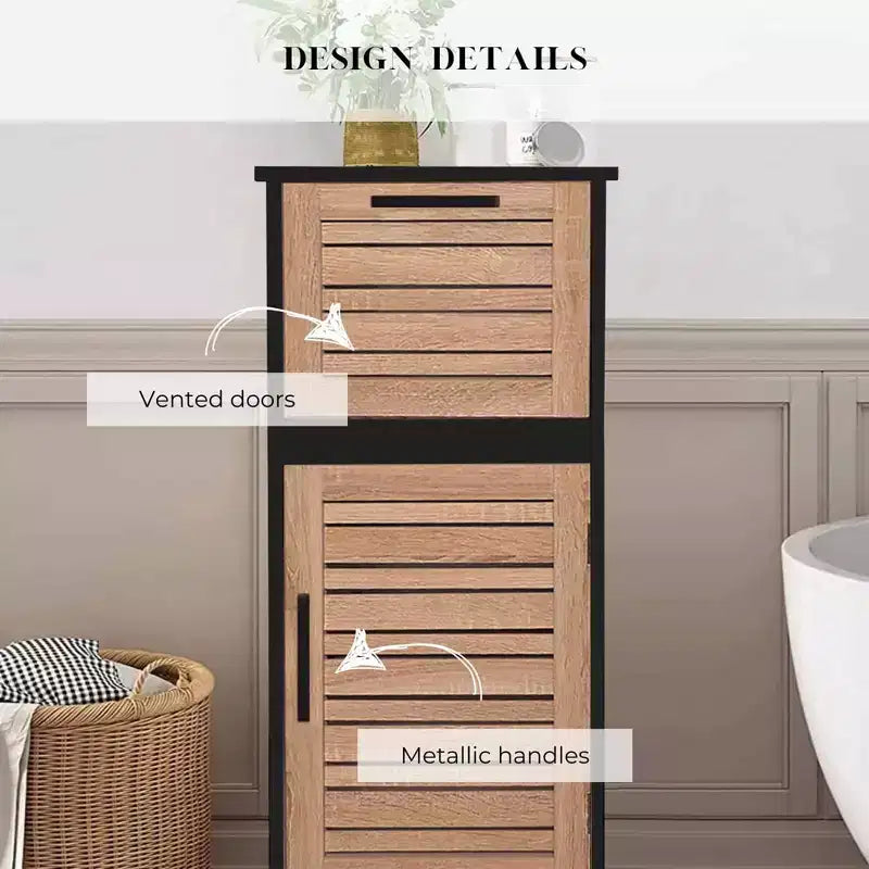 Meuble de Rangement Compact pour Salle de Bain Evideco avec Tiroir et Porte Ventilée, Noir et Marron - Collection Bergen