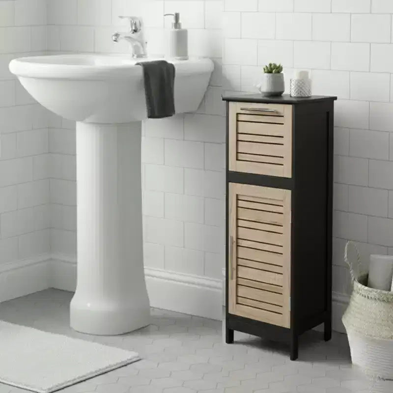 Meuble de Rangement Compact pour Salle de Bain Evideco avec Tiroir et Porte Ventilée, Noir et Marron - Collection Bergen