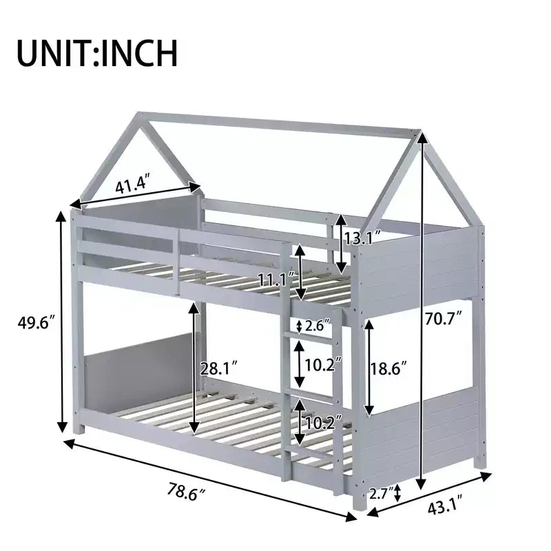 Lit superposé cabane Whisen double sur double avec têtes et pieds de lit, balustrades et échelle