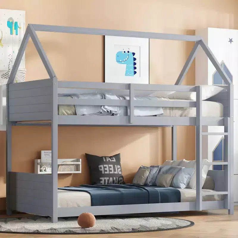 Lit superposé cabane Whisen double sur double avec têtes et pieds de lit, balustrades et échelle