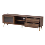 Meuble TV moderne pour téléviseurs jusqu'à 80'', Console multimédia TV avec 2 portes vitrées, Meuble de divertissement avec 2 tiroirs et armoire de rangement, Noyer - ModernLuxe
