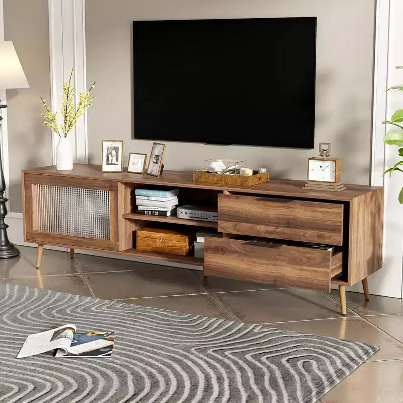 Meuble TV moderne pour téléviseurs jusqu'à 80'', Console multimédia TV avec 2 portes vitrées, Meuble de divertissement avec 2 tiroirs et armoire de rangement, Noyer - ModernLuxe