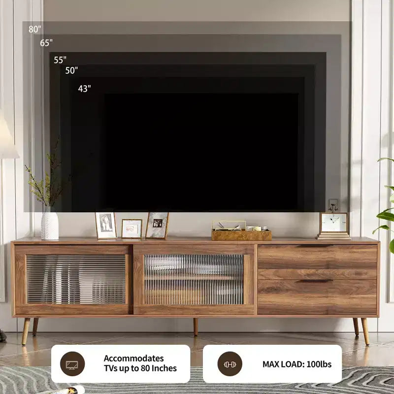 Meuble TV moderne pour téléviseurs jusqu'à 80'', Console multimédia TV avec 2 portes vitrées, Meuble de divertissement avec 2 tiroirs et armoire de rangement, Noyer - ModernLuxe