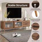Meuble TV moderne pour téléviseurs jusqu'à 80'', Console multimédia TV avec 2 portes vitrées, Meuble de divertissement avec 2 tiroirs et armoire de rangement, Noyer - ModernLuxe