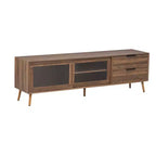 Meuble TV moderne pour téléviseurs jusqu'à 80'', Console multimédia TV avec 2 portes vitrées, Meuble de divertissement avec 2 tiroirs et armoire de rangement, Noyer - ModernLuxe