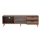 Meuble TV moderne pour téléviseurs jusqu'à 80'', Console multimédia TV avec 2 portes vitrées, Meuble de divertissement avec 2 tiroirs et armoire de rangement, Noyer - ModernLuxe