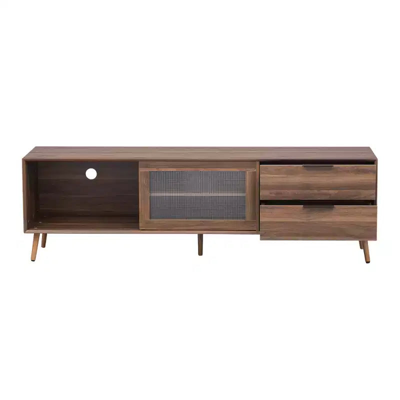 Meuble TV moderne pour téléviseurs jusqu'à 80'', Console multimédia TV avec 2 portes vitrées, Meuble de divertissement avec 2 tiroirs et armoire de rangement, Noyer - ModernLuxe