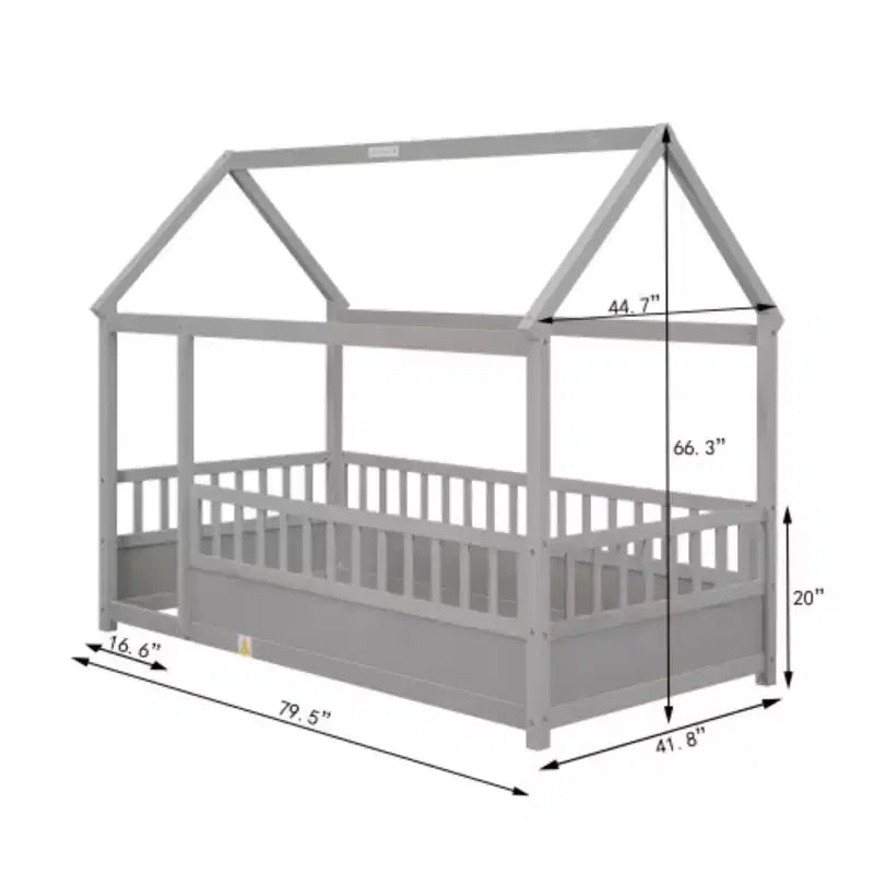 Lit simple en bois avec design bas, cadre de toit de maison et barrières de sécurité de style clôture