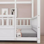 Lit simple en bois avec design bas, cadre de toit de maison et barrières de sécurité de style clôture